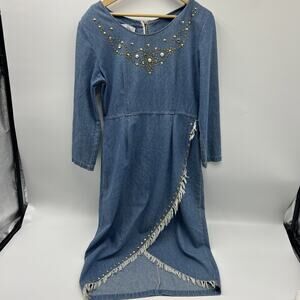 VINTAGE BOY BLUE Denim Jeans Dress Country Girl GOLD STUD RHINESTONE Women’s L